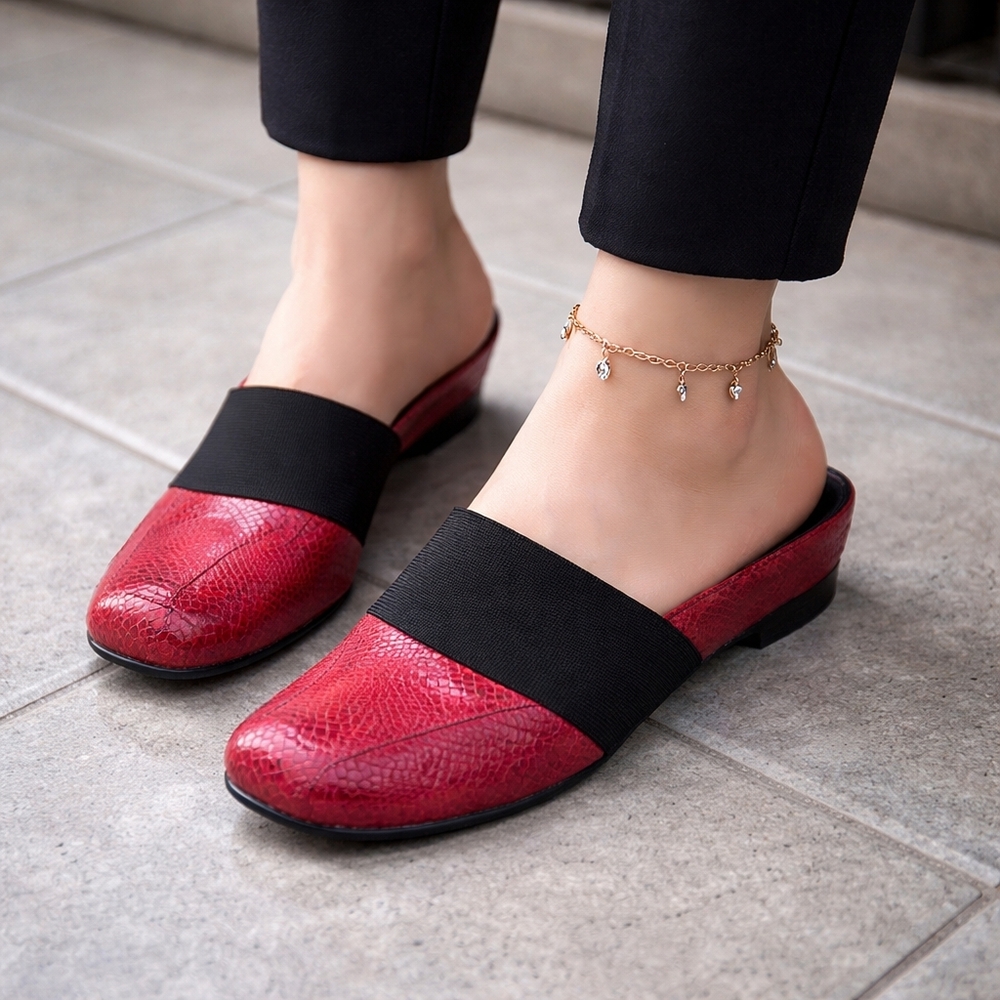 Vaneli Red Metallic Leather Mules | Square Toe Slip-On Slides | Chic Minimalist